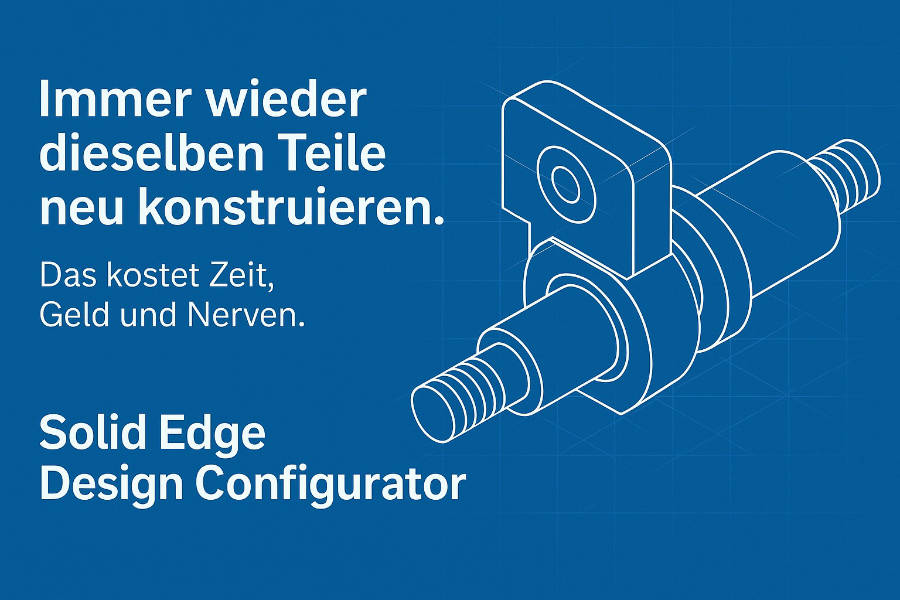 Solid Edge Design Configurator ad showing CAD drawing of mechanical part with German text about saving time and costs.